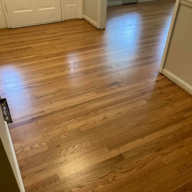 Refinished hardwood floor with an even golden-brown finish near a doorway